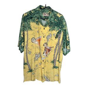 Tori Richard Hawaiian Shirt Yellow Green Palm Trees & Cocktail Print Size Large